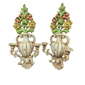 Vintage 60's PAIR  wall candleholders flower vase amphora HOMCO large Ornate